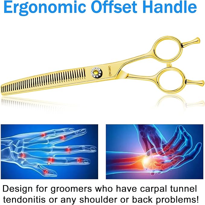 7" Professional Curved Thinning Scissors for Dog Grooming Sharp Blades Blending Shears Dog Grooming Scissors Japan 440C Stainless Steel Smooth Motion & Fine Cutting(Gold)