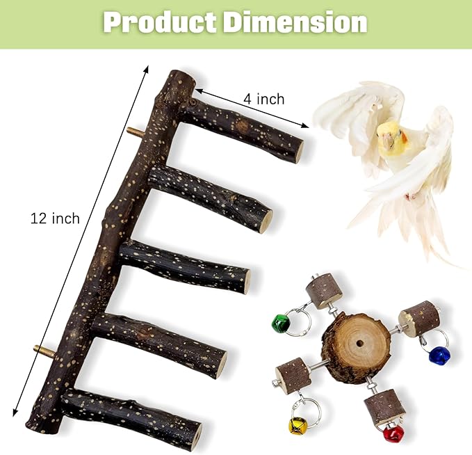 BNOSDM Natural Wood Bird Ladder Perch with Rotating Bell Toys-Exercise Stands for Parrot Climbing Chewing Parakeet Bridge Cage Accessories for Cockatiel, Conures, Lovebirds, Budgie