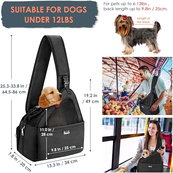SlowTon Pet Dog Sling Carrier, Hands Free Hard Bottom Papoose Small Animal Puppy Up to 12 lbs Travel Bag Tote Breathable Mesh Support Adjustable Padded Strap Pocket Safety Belt Machine Washable