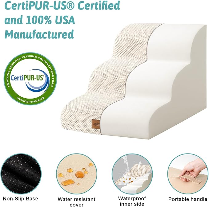 Dog Stairs for Small Dogs, Curved Pet Step with Leakproof Cover, High Density Foam Cat Ramp for Bed or Sofa, Lightweight, Durable, Comfort, 15.7x22.4x15.7 inch, 3 Tiers, Beige