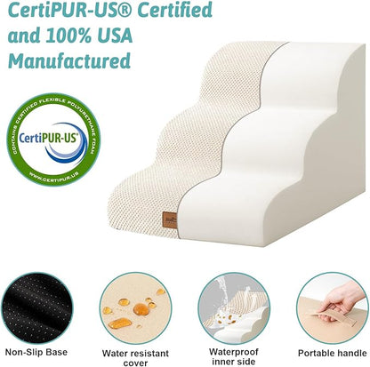 Dog Stairs for Small Dogs, Curved Pet Step with Leakproof Cover, High Density Foam Cat Ramp for Bed or Sofa, Lightweight, Durable, Comfort, 15.7x22.4x15.7 inch, 3 Tiers, Beige