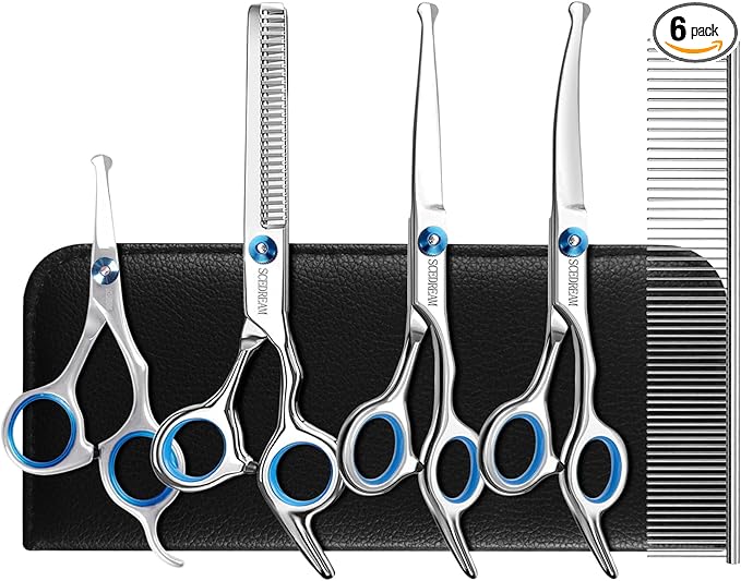 Dog Scissors - 6 in 1 Pet Grooming Set, Curved Tips, Blue