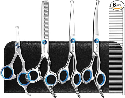 Dog Scissors - 6 in 1 Pet Grooming Set, Curved Tips, Blue