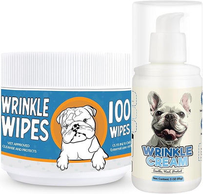 Bulldog Wrinkle Wipes & Cream Bundle - Deep Cleaning Wrinkle Wipes + Soothing Dog Wrinkle Cream - Hypoallergenic for Bulldogs, Pugs, Frenchies (100 Wipes + 85g Cream)