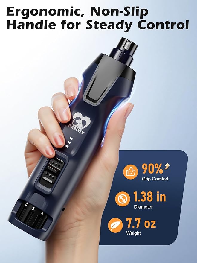 Casfuy 6-Speed Dog Nail Grinder  50%+ Boost Power Dog Nail Trimmers Quiet with Dust Cap & 2 LED Lights & 2000mAh Battery & 4.8V Motor Electric Pet Toenail File Tool for Large Medium Small Dogs Cats