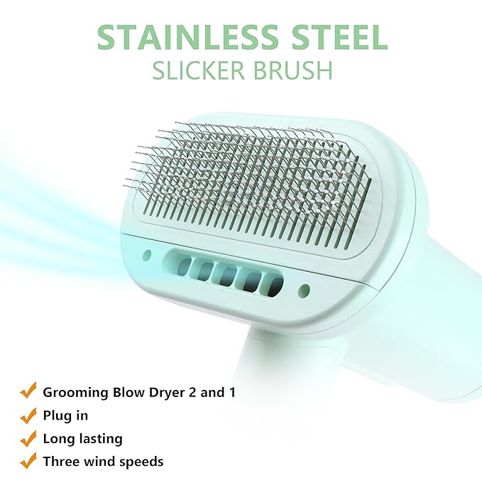2-in-1 Dog Hair Dryer and Brush - Low Noise Operation, Overheating Protection, 3 Temperature & Airflow Settings, Self-Cleaning Button - Ideal Dog Brush for Short Haired Dogs (Green)