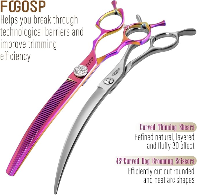 45°Curved Dog Grooming Scissors Curved Thinning Shears 2PCS Combo(RoseRed)