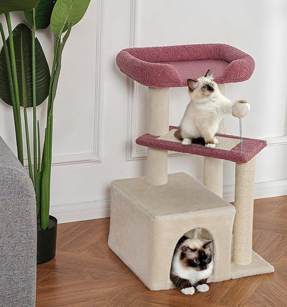 Made4Pets Pink Cat Tree, Carpet Cat Tower Grey for Indoors Cats, Cute Wood Kitty Condo with Scratching Post and Pad, 29" Multi-Level Modern Activity Climbing Furniture for Small and Medium Cats