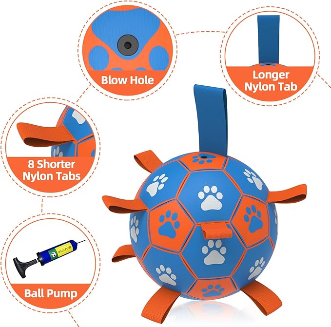 QDAN Dog Ropes Toys Soccer Ball with Straps, Interactive Dog Toys for Tug of War, Puppy Birthday Gifts, Dog Tug Toy, Dog Water Toy, Durable Dog Balls for Medium & Large Dogs- Blue&Orange(8 Inch)