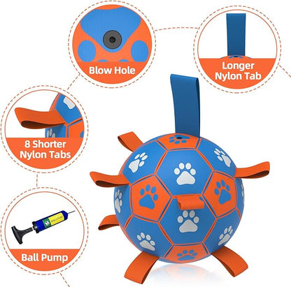 QDAN Dog Ropes Toys Soccer Ball with Straps, Interactive Dog Toys for Tug of War, Puppy Birthday Gifts, Dog Tug Toy, Dog Water Toy, Durable Dog Balls for Medium & Large Dogs- Blue&Orange(8 Inch)