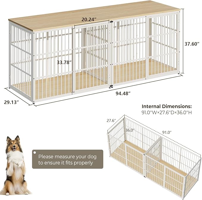 94.48'' Dog Crate Furniture Large Breed TV Stand with Double Rooms for 2 Large Medium Dogs, Wooden Indoor Kennel Crate Cage End Table with Removable Divider, Can Use Separately, Natural Beech