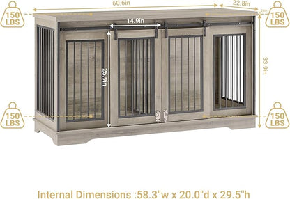 Rovibek 61 Double Dog Crate Furniture for 2 Dogs, Large Double Dog Kennel Furniture TV Stand, Furniture Style Dog Crates End Table, Wood Crates for Dogs Kennel Indoor Grey