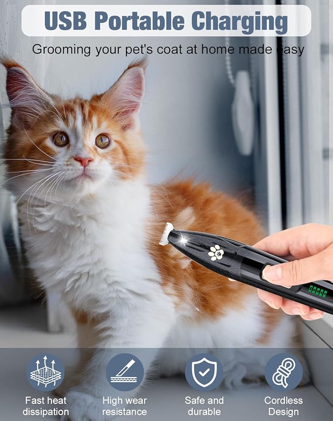 Dog Paw Trimmer with LED Display, 2 Speed Low Noise Clippers for Grooming, 20 mm Widen Blade Pet Hair Trimmer with LED Light, Cat & Dog Grooming Kit for Paws, Eyes, Ears, Face, Rump