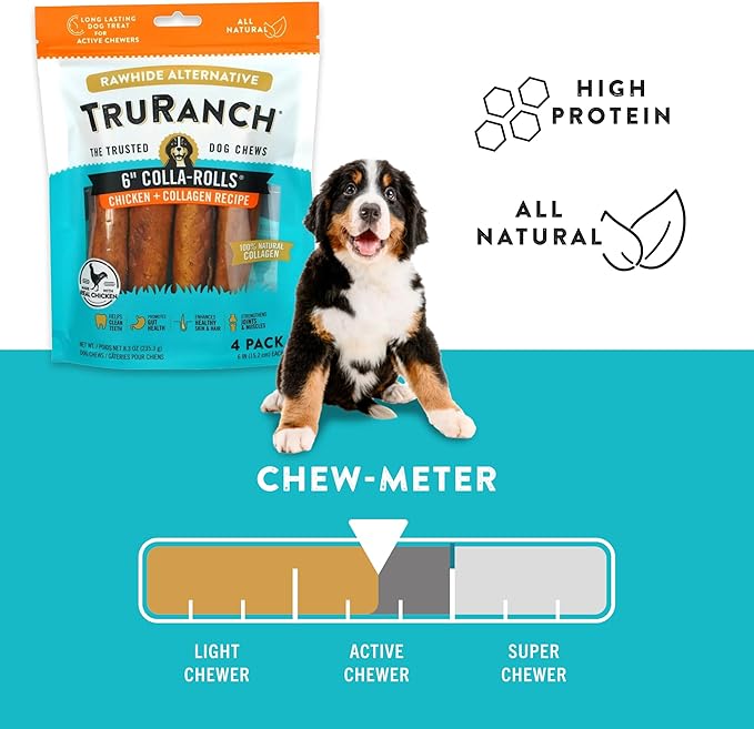 TRURANCH Collagen Rolls - 6" Collagen Rolls for Dogs - Long Lasting Healthy Joint Support - Rawhide Alternative - Skin & Coat Health - Made with Real Chicken, Value Pack, 3 Bags, 12 Count