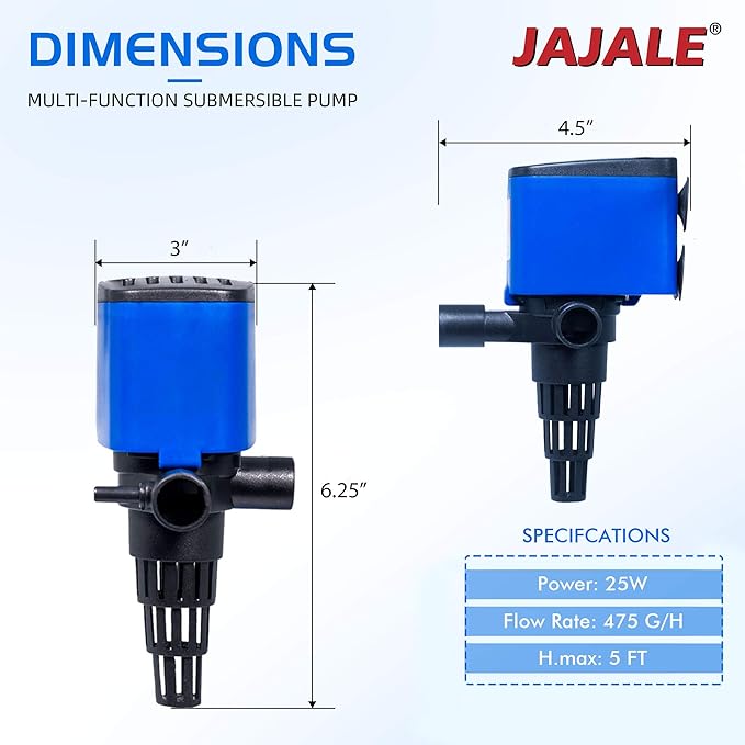 475 GPH Powerhead Submersible Pump - 3 in 1 Aquarium Fish Tank Pump with Oxygenation, Filtration & Water Cycling, 5 ft max lift, 25W - 2 Pack