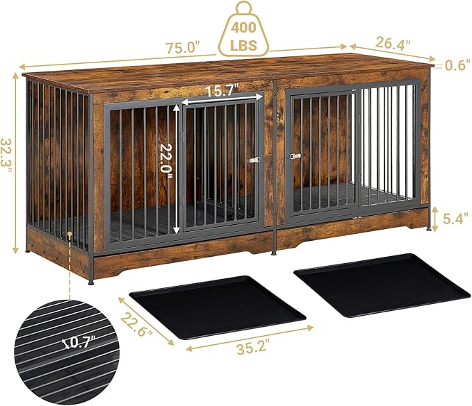 Rovibek 75" Double Dog Crate Furniture for 2 Large Dogs, Heavy Duty Furniture Style Dog Kennel End Table, Wood Crates for Dogs Kennel Indoor Double Door, Brown