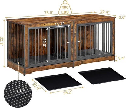 Rovibek 75" Double Dog Crate Furniture for 2 Large Dogs, Heavy Duty Furniture Style Dog Kennel End Table, Wood Crates for Dogs Kennel Indoor Double Door, Brown