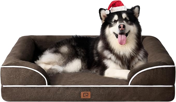EHEYCIGA Orthopedic Dog Beds for Extra Large Dogs, Waterproof Memory Foam XXL Dog Bed with Sides, Non-Slip Bottom and Egg-Crate Foam Big Dog Couch Bed with Washable Removable Cover, Brown
