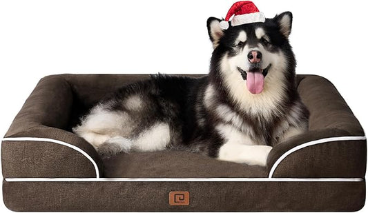 EHEYCIGA Orthopedic Dog Beds for Extra Large Dogs, Waterproof Memory Foam XXL Dog Bed with Sides, Non-Slip Bottom and Egg-Crate Foam Big Dog Couch Bed with Washable Removable Cover, Brown