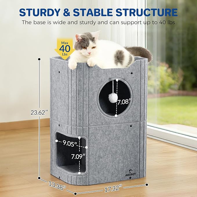 Cat House for Indoor Cats Large Cat Bed Cave 2-Storey Cats Condo with Cozy Felt Covered Hideaway for Multiple Pets Grey