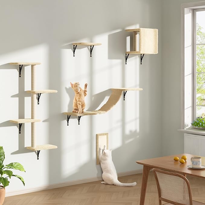 Cat Wall Shelves, Wall Mounted Cat Furniture, Cat Wall Climber with Bridge, Perches, Ledges and Beds, Kitty Jungle Gym for Wall, Set of 5 (Beige)
