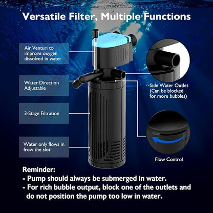 AquaMiracle Submersible Aquarium Filter 3-Stage in-Tank Filter with Dual Water Outlet & Aeration, Water Flow Adjustable 225GPH Internal Fish Tank Filter for 20-70 Gallon Aquariums