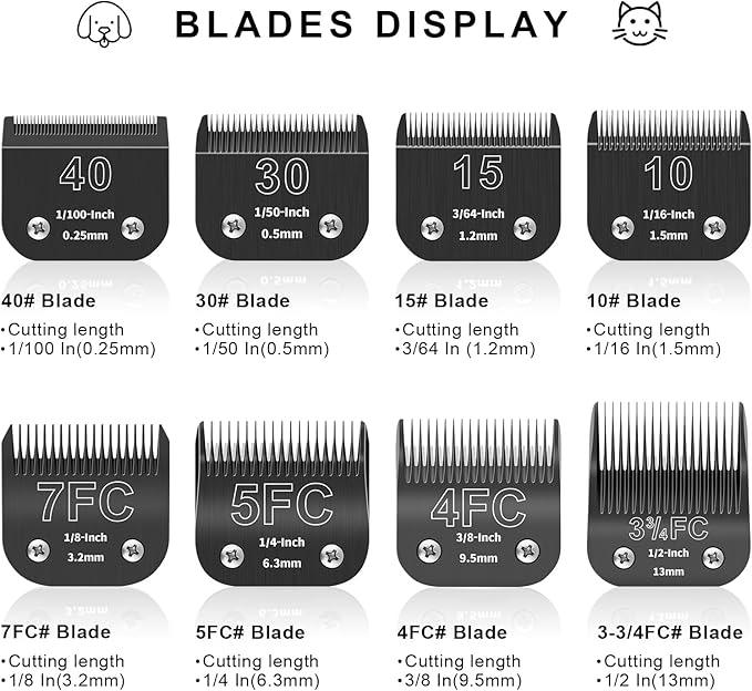 10# 7FC 5FC 4FC Detachable Pet Dog Grooming Blades, Compatible with Ainds, Oster A5, Wahl KM-10 and Other Series Clippers, Size: 1.5~9.5mm Cut Length. Black-4Pcs.