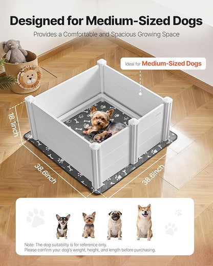 VEVOR Dogs Whelping Box, 38.6 x 38.6 x 18.1 inch, Plastic PVC Puppies Playpen with Height Adjustable Door and Washable Pee Pad, Anti-Deformation Indoor Puppy Play Pen for Medium Breed Dogs, Milk White