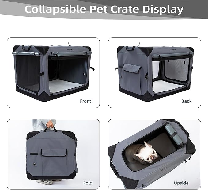 Pettycare 30 Inch Collapsible Dog Crate with Curtains Travel Dog Crate for Airflow and Calm Soft Pet Kennel with Portable Bag and More Chew Proof Mesh Indoor & Outdoor Grey 4 Door Curtains