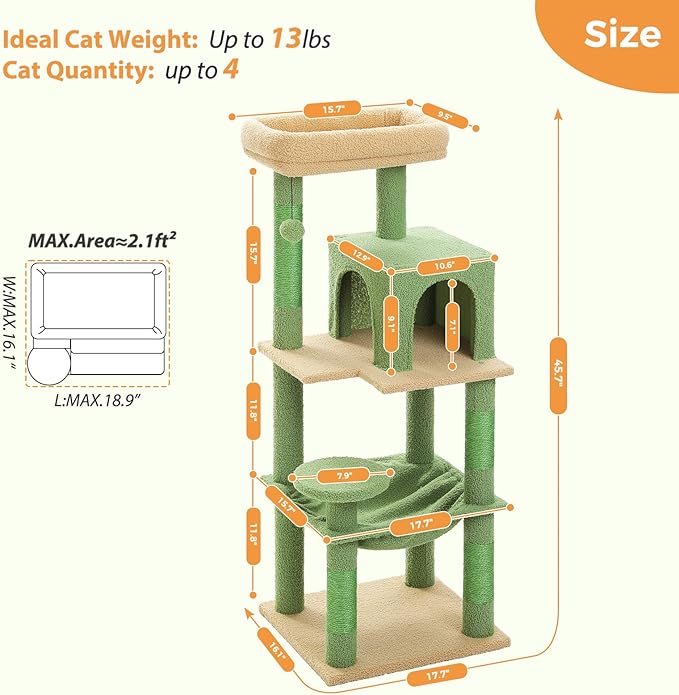 PETEPELA 45.7" Cat Tree for Indoor Cats, Cactus Cat Tower for Large Cats with Metal Frame Large Hammock (17.3"x15.3"), Cat Condo with (18.5"x13") Big Top Perch & 4 Sisal Covered Scratching Posts,Green