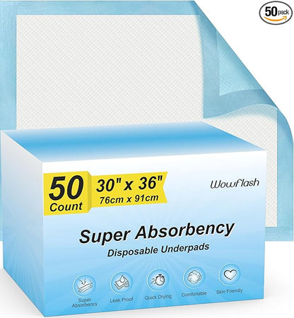 Super Absorbency Disposable Leakproof Underpads with Quick Drying for Baby, Adults, Puppy, Dog Bed Pee Pads, Extra Large, XXL Incontinence Pads, 30” x 36”, 50 Count