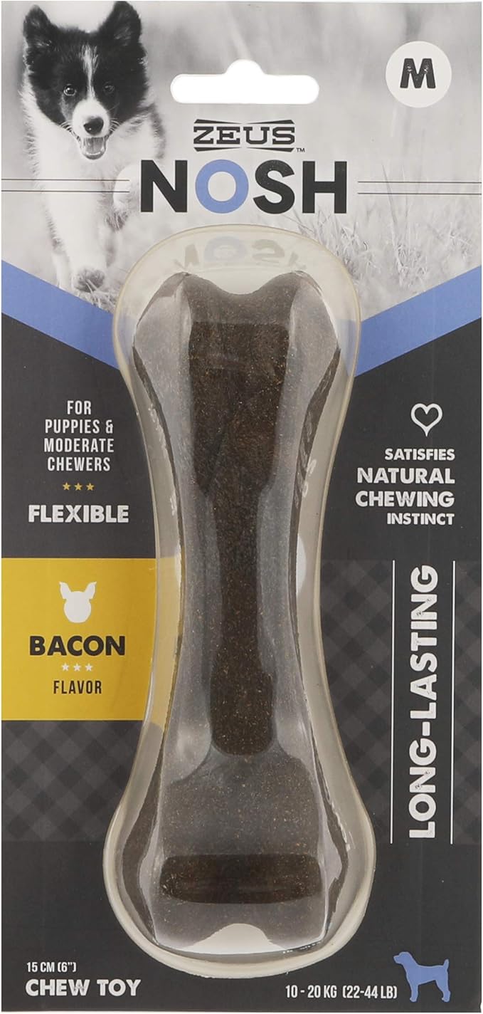 ZEUS Nosh Flexible Dog Chew Bones, Dog Chew Toys for Puppies Teething, Long Lasting Bacon Flavor, Medium