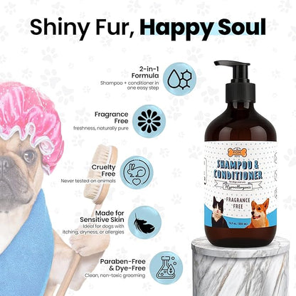 POM Pets 2-in-1 Organic Dog Shampoo & Conditioner – Itchy Skin Relief, Dog Deshedding, Detangles Fur, Cat Shampoo, Paw Cleaner for Dogs, Natural Coat Defense Formula