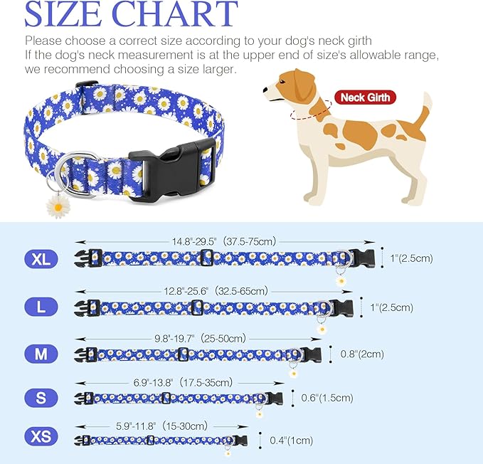 BiPawTi Cute Dog Collars with Flower Floral - Small Dog Collars for Puppies, Soft Dogs Collar for Girl Boy Female Dogs Pet with Pretty Daisies Charms (S, Blue)