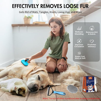 5 PCS Dog Grooming Brush Kit  Self Cleaning Slicker Brush for Shedding Short & Long Haired Dogs & Cats. Removes Loose Fur, Undercoat, Mats, Tangles. Suit for Small, Medium & Large Pets. Blue