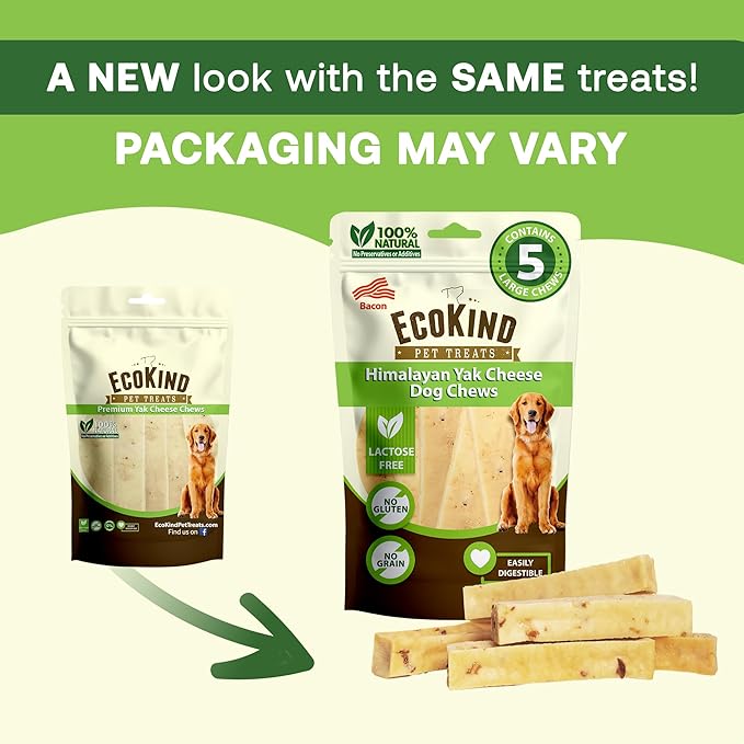 EcoKind Premium Gold Yak Cheese Himalayan Dog Chews, Dog Treats Large Breed, All Natural, High Protein Dog Chew, Bacon, Large - 5 Chews