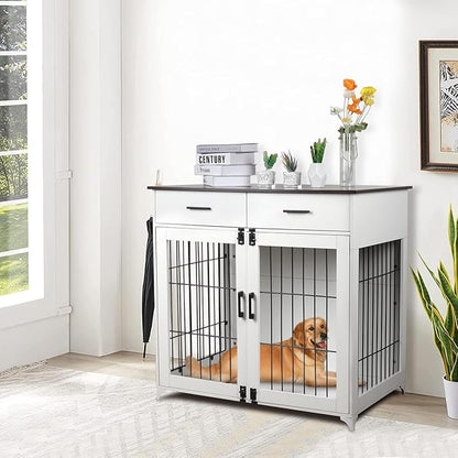 Snowtaros Dog Crate Furniture, 36.6 Inch Large Dog Crate with Drawers, Wooden Dog Kennel Indoor for Small Medium Large Dogs, Heavy Duty Dog Crate End Table with Double Doors