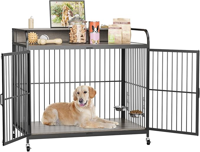 39.8" L X 22.5" W X 38.6" H Dog Crate Furniture, Dog Crate Indoor with Adjustable Height Bowls, Wooden Heavy Duty, 39.8 Inch Dog Kennel Furniture for Medium Dogs,Grey