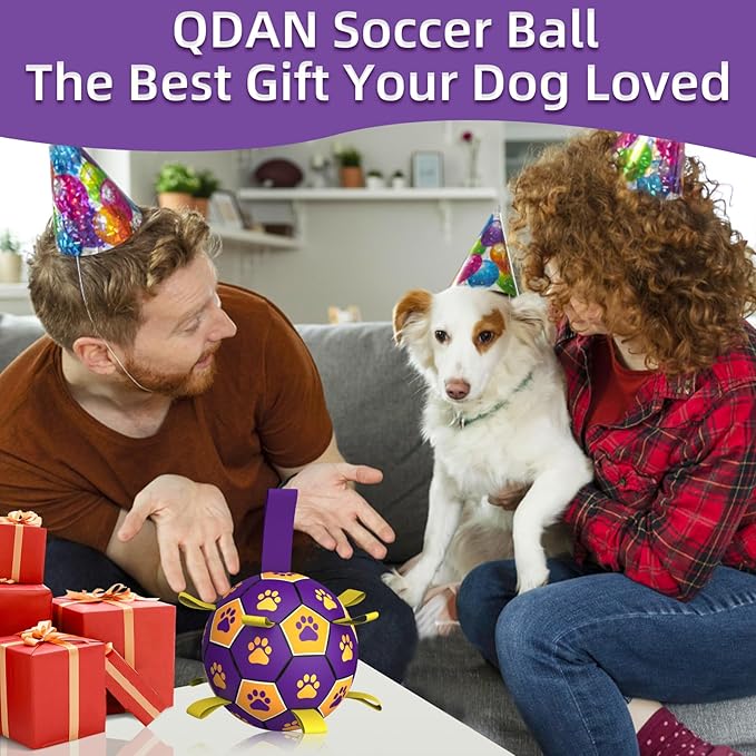 QDAN Dog Ropes Toys Soccer Ball with Straps, Interactive Dog Toys for Tug of War, Puppy Birthday Gifts, Dog Tug Toy, Dog Water Toy, Durable Dog Balls for Small & Medium Dogs（6 Inch）