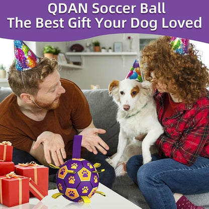 QDAN Dog Ropes Toys Soccer Ball with Straps, Interactive Dog Toys for Tug of War, Puppy Birthday Gifts, Dog Tug Toy, Dog Water Toy, Durable Dog Balls for Small & Medium Dogs（6 Inch）