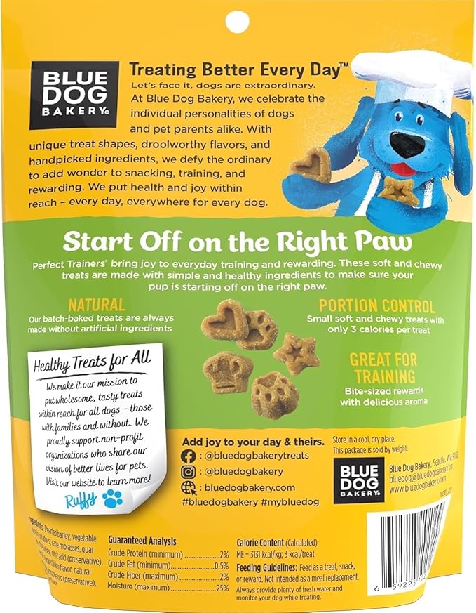 Blue Dog Bakery Natural Dog Treats, Perfect Trainers, Low Calorie Dog Training Treats, Chicken & Cheese Flavor, 6oz, 8 Count