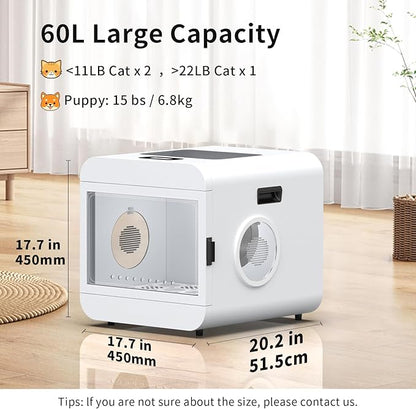 65L Pet Dryer Box, Adjustable Temp Pet Hair Dryer, Safe Cat Kitten Small Dog Puppy Dryer with Timer, Child Lock and 4 Wind Modes, Ultra Quiet Fast 360° Drying Blower for Dog Grooming