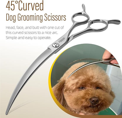 45°Curved Dog Grooming Scissors Curved Thinning Shears Curved Chunkers Dog Shears 3Pcs Combo (RoseRed)