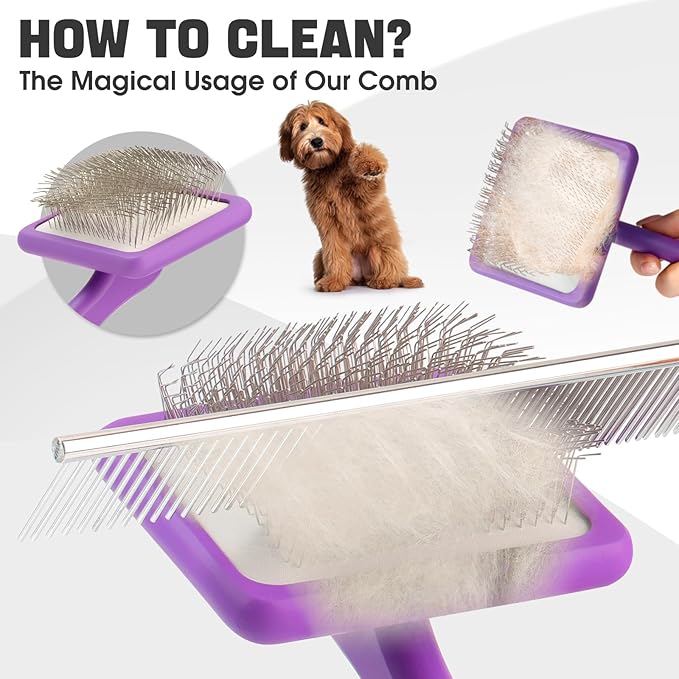 Dog Slicker Brush for Dogs Grooming Kit 4PCS | Large Dog Brush for Goldendoodles Poodles Doodles | Long Pin Haired Brush | Dog Bath Brushes Flea Comb(Purple)