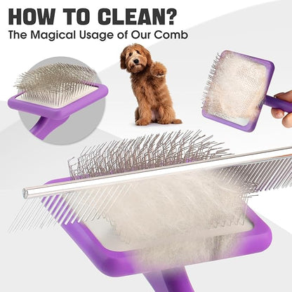 Dog Slicker Brush for Dogs Grooming Kit 4PCS | Large Dog Brush for Goldendoodles Poodles Doodles | Long Pin Haired Brush | Dog Bath Brushes Flea Comb(Purple)