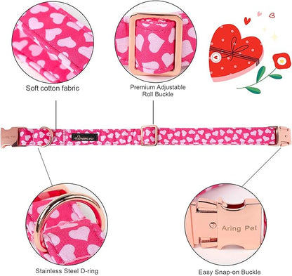 ARING PET Valentine's Day Dog Collar-Cotton Pink Heart Dog Collar with Bow, Adjustable Valentine Bowtie Dog Collars Pet Necklace with Metal Buckle for Girl&Boy Dogs