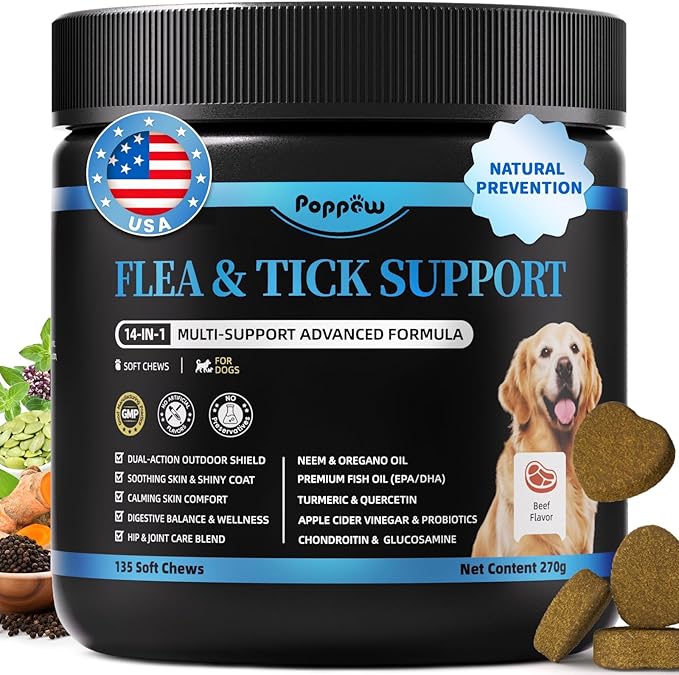 Dog Flea and Tick Support Chewable, Natural Dog Flea Comfort Supplement, Oral Chews with Neem, Oregano Oil, Pumpkin Seed Oil & Brewer's Yeast – 135 Soft Chews, Beef Flavor – for All Breeds & Sizes