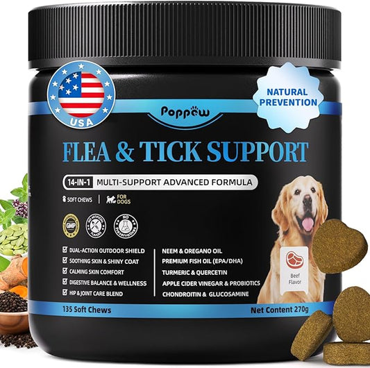 Dog Flea and Tick Support Chewable, Natural Dog Flea Comfort Supplement, Oral Chews with Neem, Oregano Oil, Pumpkin Seed Oil & Brewer's Yeast – 135 Soft Chews, Beef Flavor – for All Breeds & Sizes