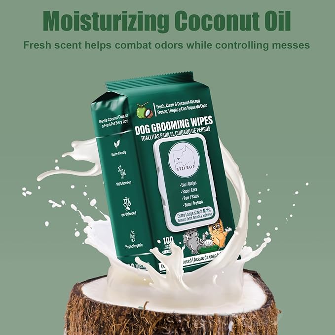 Dog Wipes for Paws and Bum, Hypoallergenic Pet Grooming Wipes Natural and Gental, 100 Wipes for Cleaning & Grooming Moisturizing Coconut