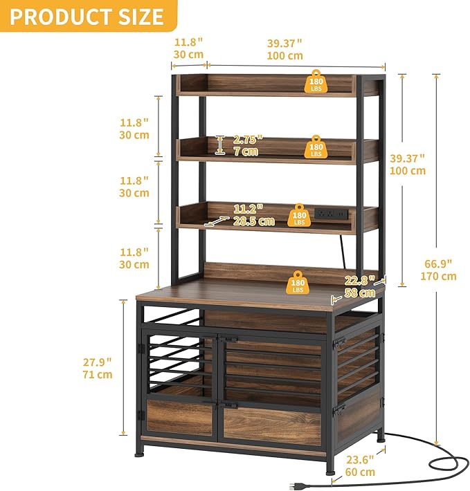DWVO Dog Crate Furniture with Storage Shelves, Heavy Duty Dog Crate with Charging Station, 39 Inch Dog Kennel Indoor Furniture for Large Dogs, Modern Decorative Dog Crate with Double Doors, Brown